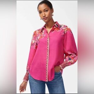 Chico’s Floral Drama Sleeve Shirt Top Pink Lagenlook Sz 1 US 8